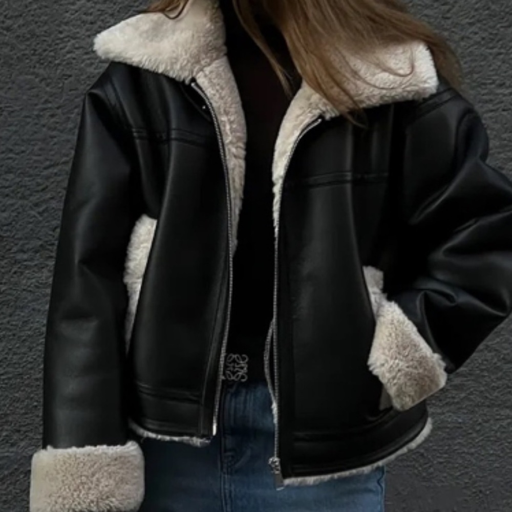 NA-KD Women's Black and Cream Faux Leather Shearling Jacket
